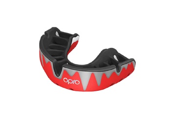 [E.3.1.PL.Fangz.RO/NE/PL] Protector Bucal Rugby OPRO Self-Fit Platinum (Colmillos Rojo-Negro-Plateado)